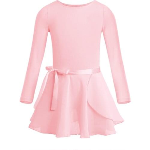 Girls Ballet Dress Gymnastics Leotards Kids Long Sleeve Ballet Dancewear with Chiffon Tied Skirts Kids Bowknot Ballerina Clothes