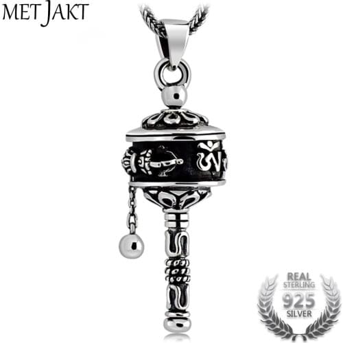 MetJakt Buddhist Cylinder Pendant Necklace Solid 925 Sterling Silver Bring Lucky Pendant Necklace Pendant for Vintage Jewelry