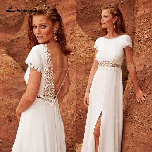 Elagent Bohemian Wedding Dress Boho 2021 Scoop Neck Short Sleeves Slplit Simple A Line Chiffon Bridal Gowns vestido de noiva