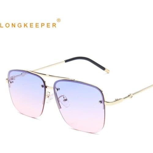LongKeeper Square Sunglasses Women Men Vintage Metal Semi-rimless Sun Glasses Ladies Luxury Brand Gradient Eyewear UV400 Okulary