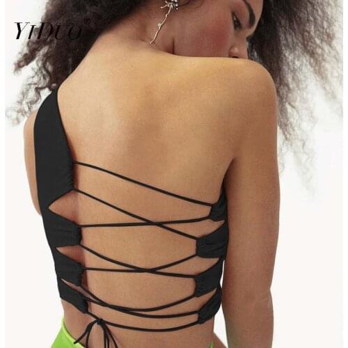 YiDuo Sexy Hollow Out Backless White Black Tank Top Women Summer Club Party Wear Camisole Femme One Shoulder Bandage Crop Tops