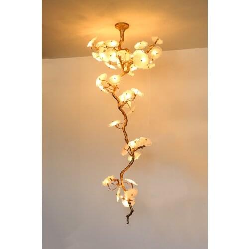 Copper double staircase large chandelier light luxury villa crystal hollow living room hotel lobby long branch chandelier