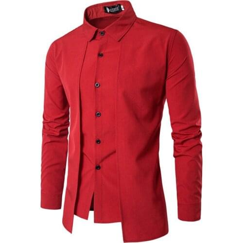 Mens Solid Color Fake Two-piece Shirt Cotton Lapel Dress Lining Long-sleeved Slim Banquet Shirt