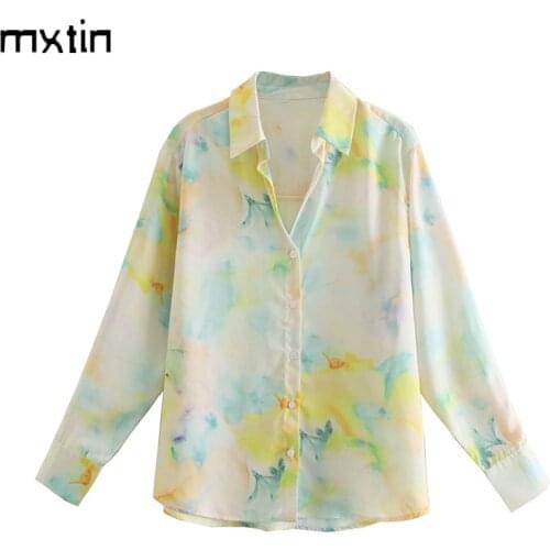 MXTIN 2021Women Spring Fashion Tie-dye Loose Blouses Vintage Lapel Collar Long Sleeve Female Shirts Blusas Casual Chic Tops