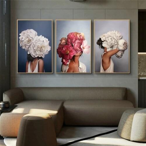 Nordic Flowers Head Woman Canvas Paintings On the Wall Art Posters And Prints Feather Girls Wall Pictures Home Decoration Cuadro