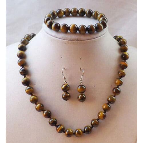 NEW Shiny 8mm African Tiger Eye Gemstone Beads Necklace Bracelet Earrings Set
