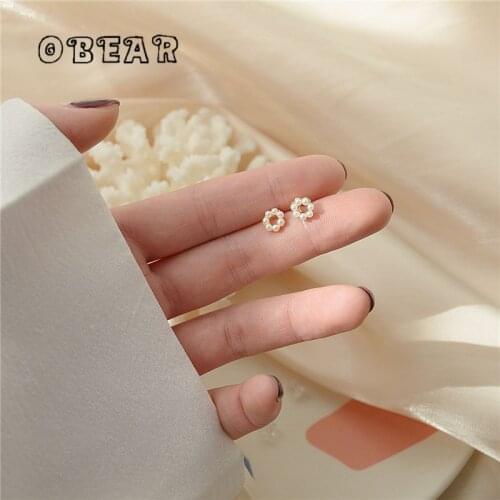 OBEAR 14k Real Gold Plating Korean High-Quality Pearl Flower Stud Earrings Women Noble Elegant Anniversary Jewelry