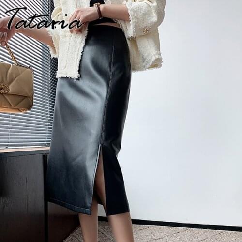 Autumn Winter Leather Midi Skirt Office A-line Vintage Black Pu Leather Skirt Zipper Long Skirts for Women with Side Slit 2021