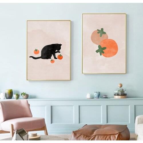 Simple Nordic cat persimmon watercolor small fresh living room mural poster picture print canvas decorative painting