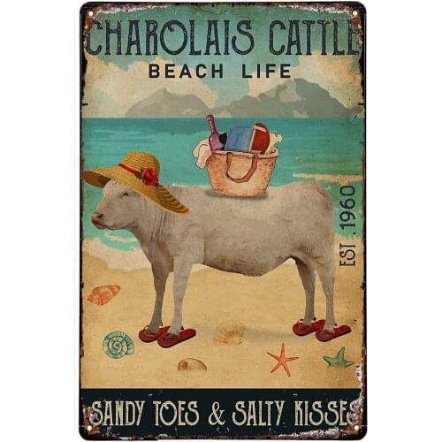 Beach Life Sandy Toes Charolais Cattle Tin Sign Wall Decor Metal Sign Metal Wall Poster Door Plaque Tin Sign Country Home Deco