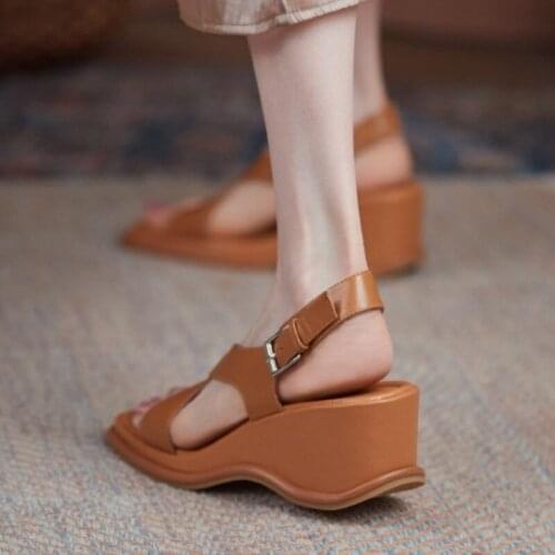 Wedge High Heel Women Sandals Genuine Leather Sexy Square Toe Ankle Buckle Platform Sandals 2021 Summer Casual Female Shoes