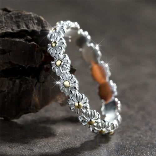 Vintage Gold Color Small Daisy Ring Female Dainty Flower Ring Real 925 Sterling Silver Engagement Rings For Women Bridal Jewelry