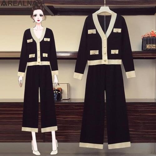 Fashion tracksuit women Knitted Two piece Casual set Women Cardigan V-neck Sweater + wide-leg pants sets Suits plus size L- 4XL