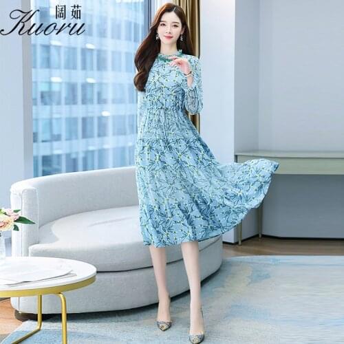 Autumn Blue O Neck Women Midi Dress Chiffon Floral Robe Plage Robe Femme Soiree Spring Wrap Vintage Vestidos De Mujer Casual