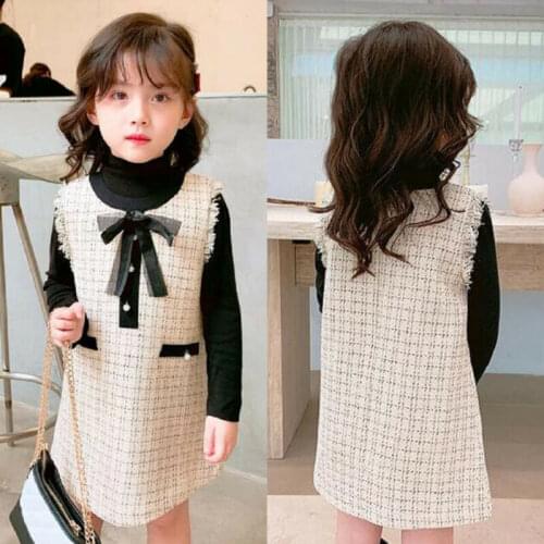 2020 Toddler Kid Baby Girl Party Formal Suit Princess Clothes Long Sleeve Black T Shirt+Plaid Dress Spring Autumn Outfits 18M-7T