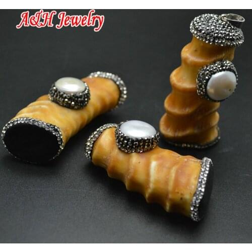 3pcs New Arrival Genuine Antelope Horn Pendant Rhinestone Paved Both Ends Freshwater Pearl Lay On Women Jewelry