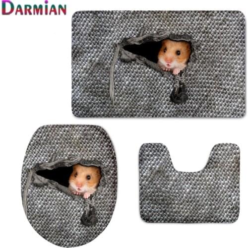 3D Cute Animal Hamster Print Toilet Lid Pad Non-slip Floor Carpet for Bathroom 3Pcs Toilet Seat Cover Set Soft Rugs Home Decor
