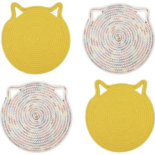 4 Pcs Potholders Trivets Set,Cotton Thread Weave Cat Shape Coasters,Placemats,for Cooking&Baking,7 Inch(Yellow&Colorful)