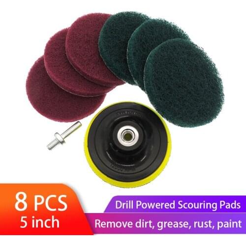8pcs 5 Inch Drill Power Scrubber Scouring Pads Cleaning Kit Household Cleaner Tools Dusty Brush with Hook and Loop sanding pad