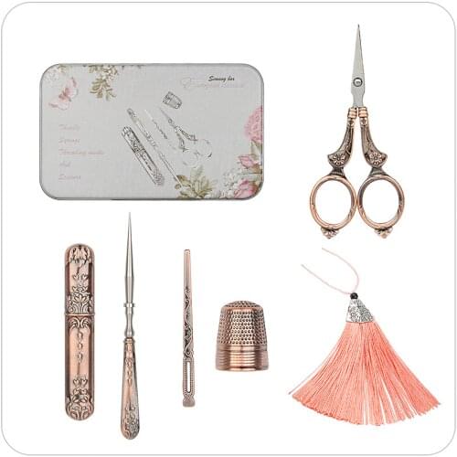 Cross Stitch Tools 5 IN 1 Vintage Stainless Steel Knitting Embroidery Sewing Scissors Thimble Needle Case Sewing Accessories