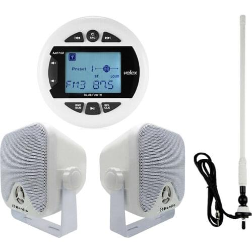 Bluetooth Marine Stereo Waterproof Boat Radio MP3 Player Audio + 4 Inch Marine Box Speakers For ATV UTV Boat + Marine Antenna