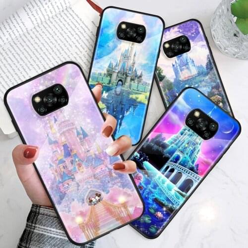 Tempered Glass Shell Luxury Cover Disney Castle For Xiaomi Mi POCO F3 F2 X3 NFC X2 M2 Pro Shockproof Phone Case