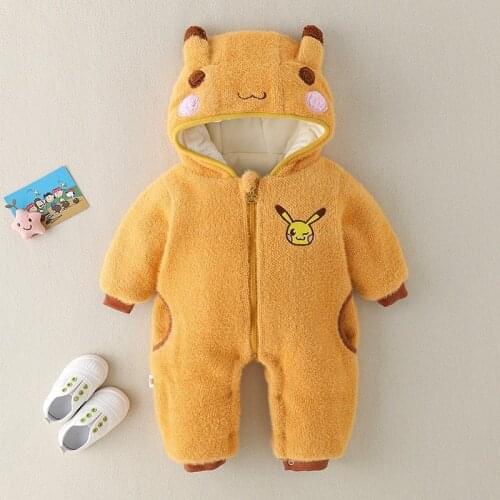 Pikachu baby winter clothes one-piece thick soft warm newborn boy girl hooded tail hug clothes toddler suit outing clothes