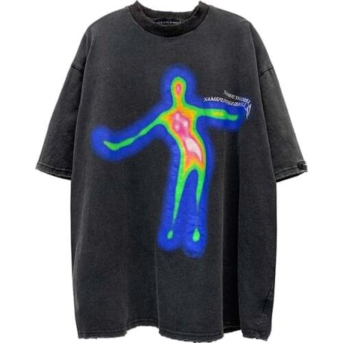 Hip Hop Punk Washed Retro Print Men T Shirt Oversize Distorted Portrait Short Sleeve Women Blue Tshirts Graphic Tees Streetwear