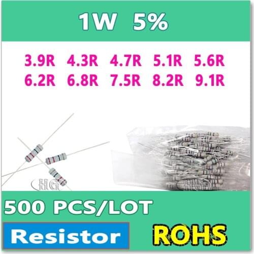 JASNPROSMA 500PCS/LOT 5% 1W 3.9R 4.3R 4.7R 5.1R 5.6R 6.2R 6.8R 7.5R 8.2R 9.1R carbon film DIP OHM Resistor