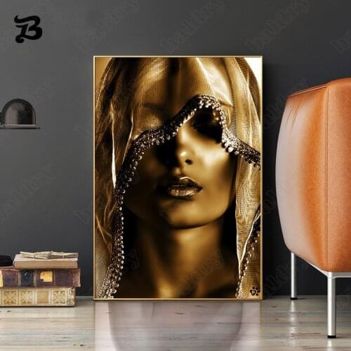 Canvas Painting Wall Art African Woman Nordic Canvas Golden Figure Posters and Prints Wall Art Pictures for Living Room Decor