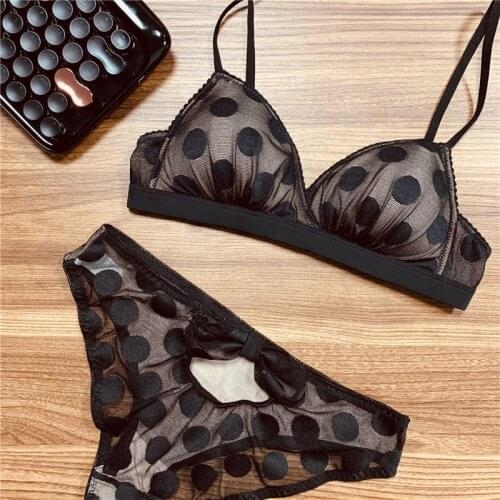 Women Underwear Set Sexy Lace Mesh Big Dots Bra Set Triangle Soft Cup Bras Young Girl Lovely Comfort Lingerie Bow Hollow Panties