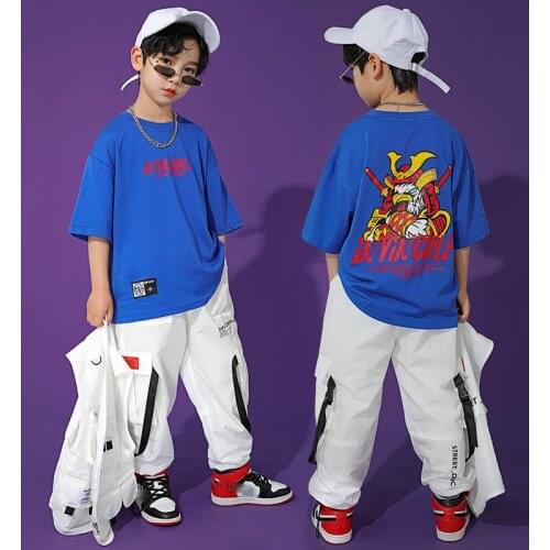 2021 Jazz Dance Costumes For Kids Short Sleeve Blue Tops Loose Pants Suit Modern Dance Hip Hop Clothing Stage Outfits DN8746