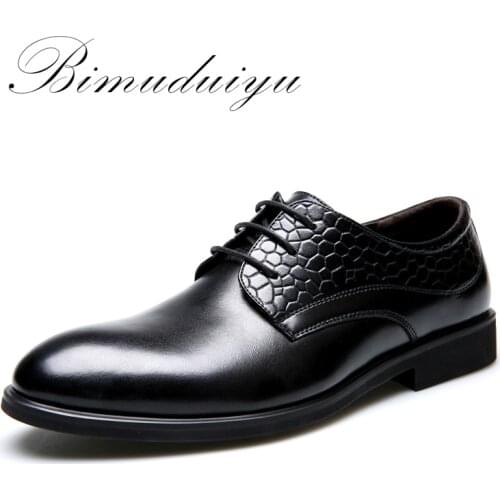 BIMUDUIYU Brand Hot Sale Black Mens Business Breathable Dress Oxfords Flat Wedding Shoes Crocodile Craft Shoes
