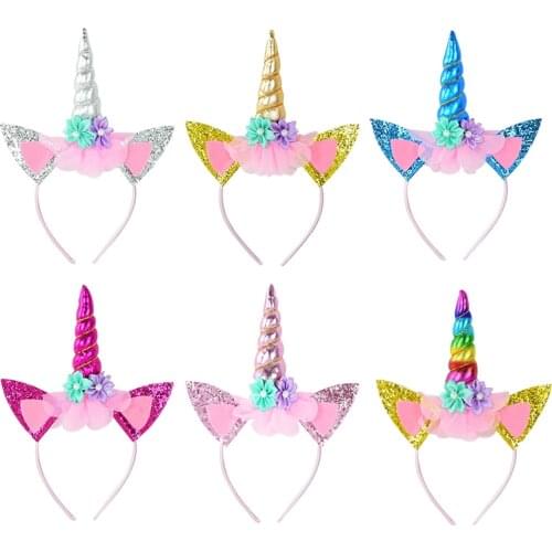 Cute Unicorn Headbands Children Headwear Photo Props Baby Shower Birthday Party Flowers Cat Ears Hairbands Kids Hair Accessories