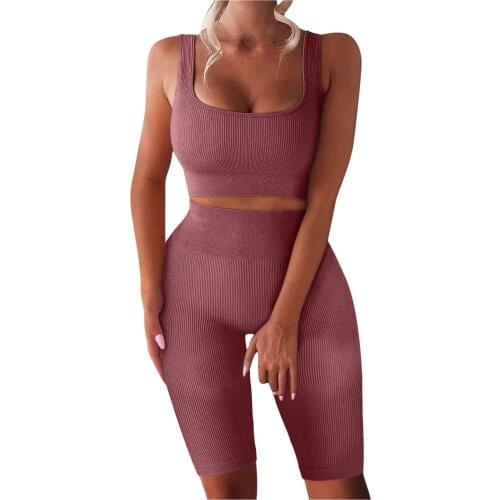 Fashionable style 2 Piece suits Women Workout Sets Seamless Ribbed Tank High Waist elastic waist Yo ga Outfits