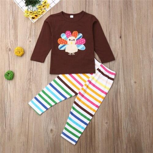 1-6years Girls Thanksgiving Outfits Turkey Brown Long Sleeve T-Shirt For Girls Striped Long Pants Girls Sets Clothing Kids Set