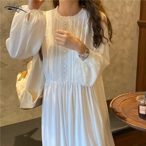 New style elegant fashion gentle autumn white sweet loose pure color dress comfortable long-sleeved lace 2021 14515