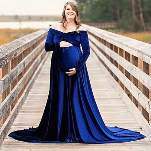 Maternity Dresses for Baby Showers Long Sleeve Pregnant Women Velvet Maxi Gown Dress Sexy V Neck Pregnancy Dress for Photo Shoot