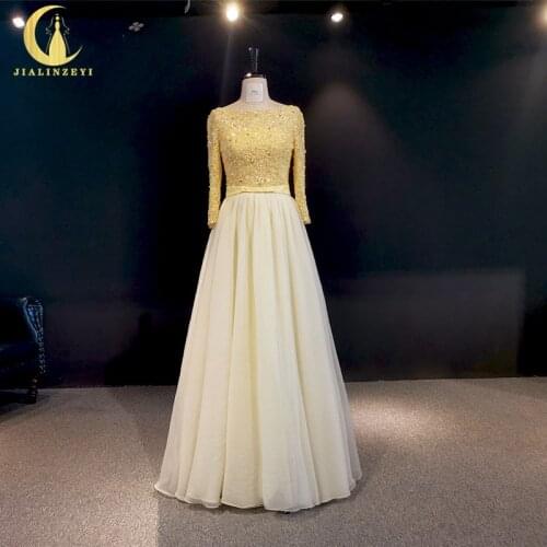 Rhine real Pictures Yellow Long sleeves Beads crystal Floor length arabic evening dresses long