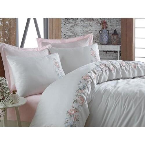 Ruching Frezya Embroideried Cotton Satin Duvet cover set Powder