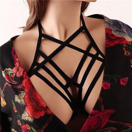Sexy Hollow Elastic Strap Bra Chest Bondage Underwear Pentagram Fashion Hanging Neck Harness Lingerie Underwear Cage Bra