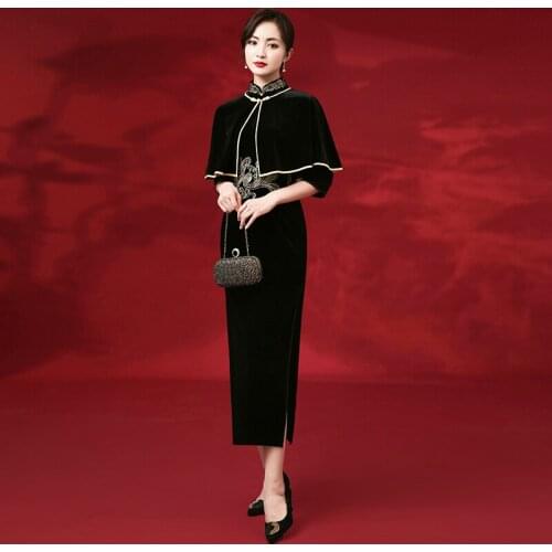 XXXL Red Qipao Long Sleeve Chinese Style Traditional Wedding Party Evening Dresses Vintage Golden Velvet 100% Black Cheongsam