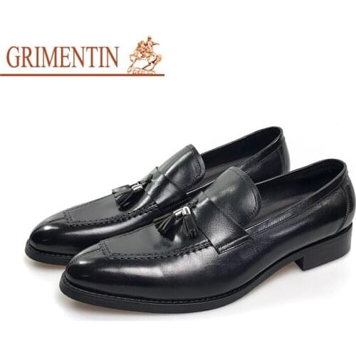 Grimentin loafers fashion handmade tassel dress shoes men black genuine leather formal business shoes