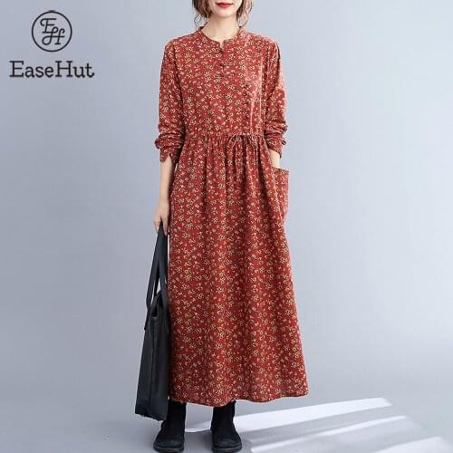 EaseHut Vintage Women Floral Printed Sundress Spring Bohemian Long Sleeve Cotton Linen Maxi Dresses Casual Retro Vestido Kaftan