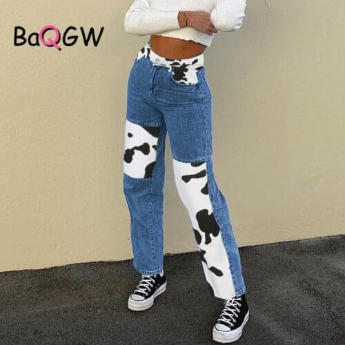 BaQGW High Waist Jeans Women Straight Pants Cow Print Outfits Casual High Street Denim Trousers Pantalon Femme Vintage Jeans