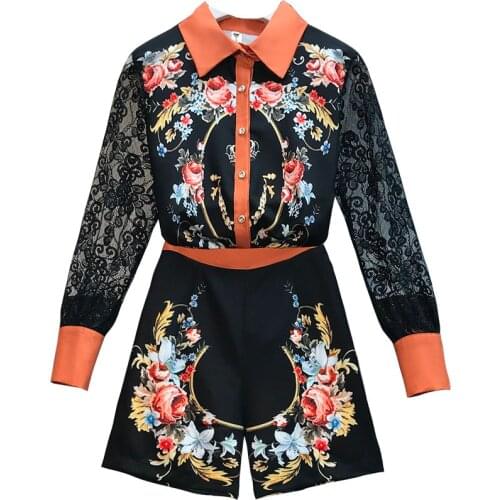 Runway Sicilian Roses Autumn Suit Womens Two Piece Suits Lace Long Sleeve Floral Print Tops And Shorts Wide Let Pants 2pcs Set