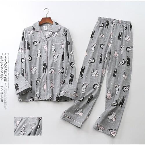 Ladies Cartoon Cat Pajamas Set Knitted Cotton Homewear Women Autumn Winter Pyjamas Turn-down Collar Pijama Loungewear Sleep Wear
