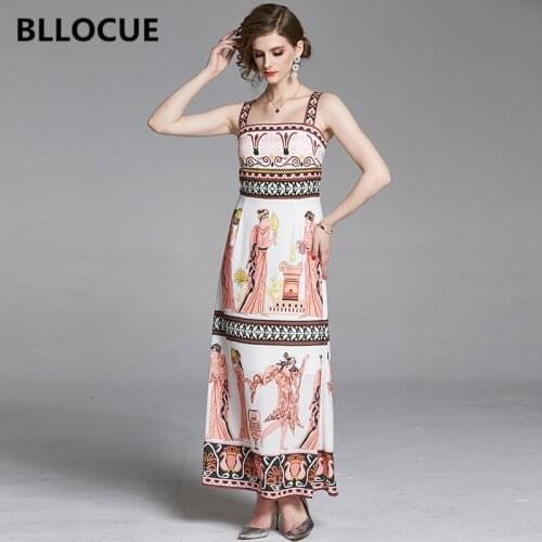 BLLOCUE Runway Character Totems Print Dress Summer Womens Slash Neck Tank Backless Spaghetti Strap Vintage Long Dress
