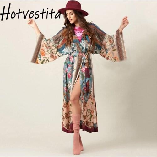 Hotvestita Women Beach Dress Cotton Floral Print Short Sleeve Girdle Loose Kaftan Beach Coverup Split Cardigan Bikini Beach Veil
