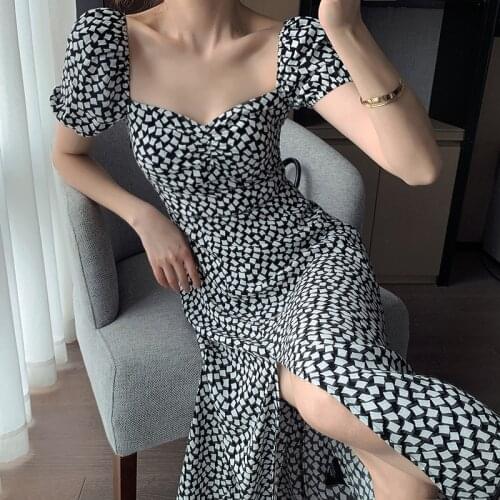 Floral Dress Summer 2021 Womens New French Style High Waist A-line Midi Dresses Square Neck Puff Sleeve Long Dress 14880